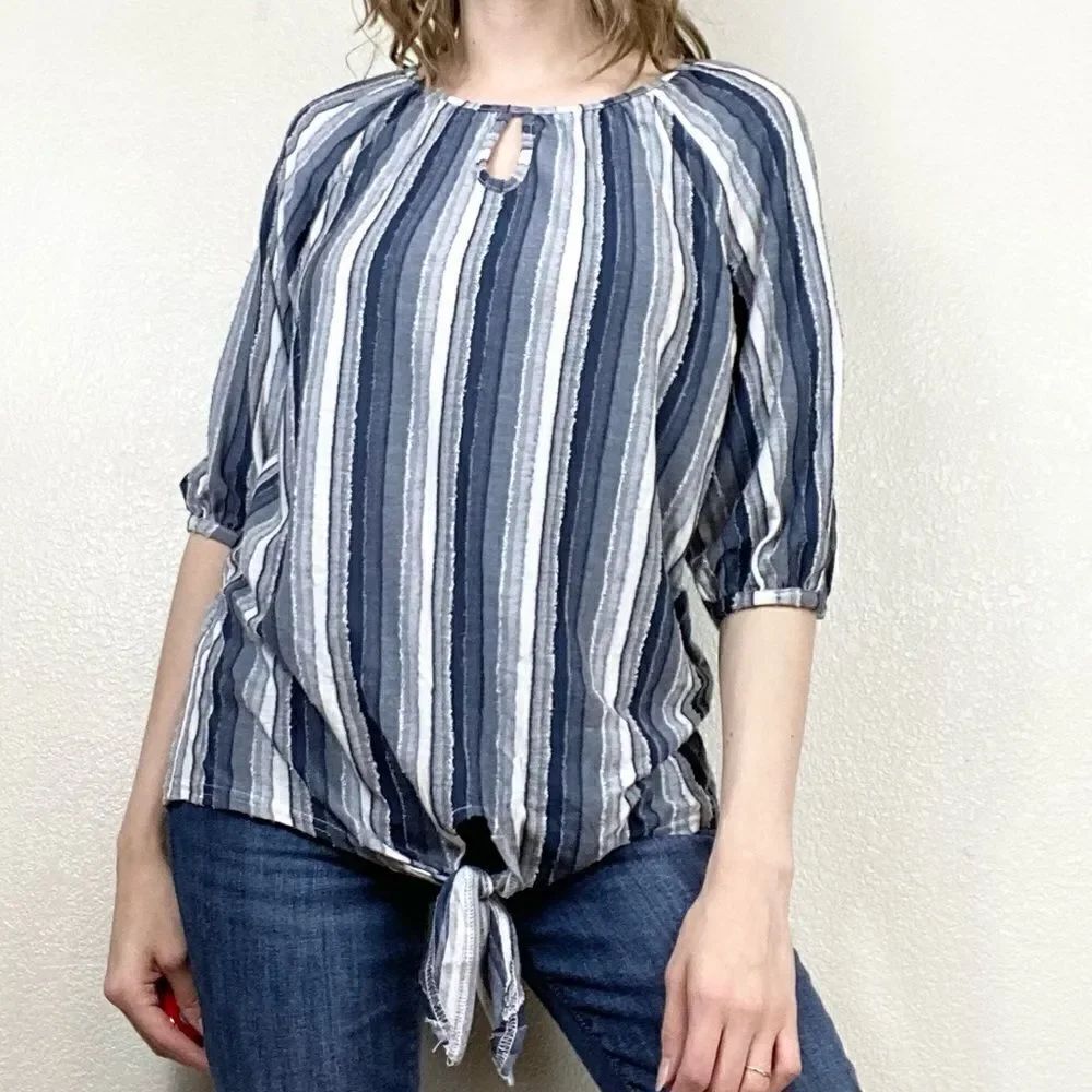 Rain Chambray Blue Striped Knot Hem Half Sleeve Blouse